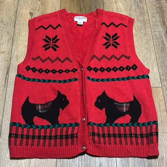 Vtg Scottie Dog Red Knit Sweater Vest Sz L P Preppy Ugly Christmas Holiday Indie - Picture 3 of 7